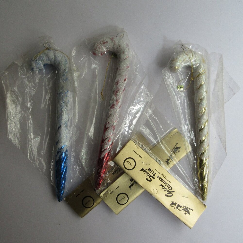 3  Blow Mold 8" Candy Cane Ornaments Red, Blue, Gold Glitter Golden Sleigh NIP